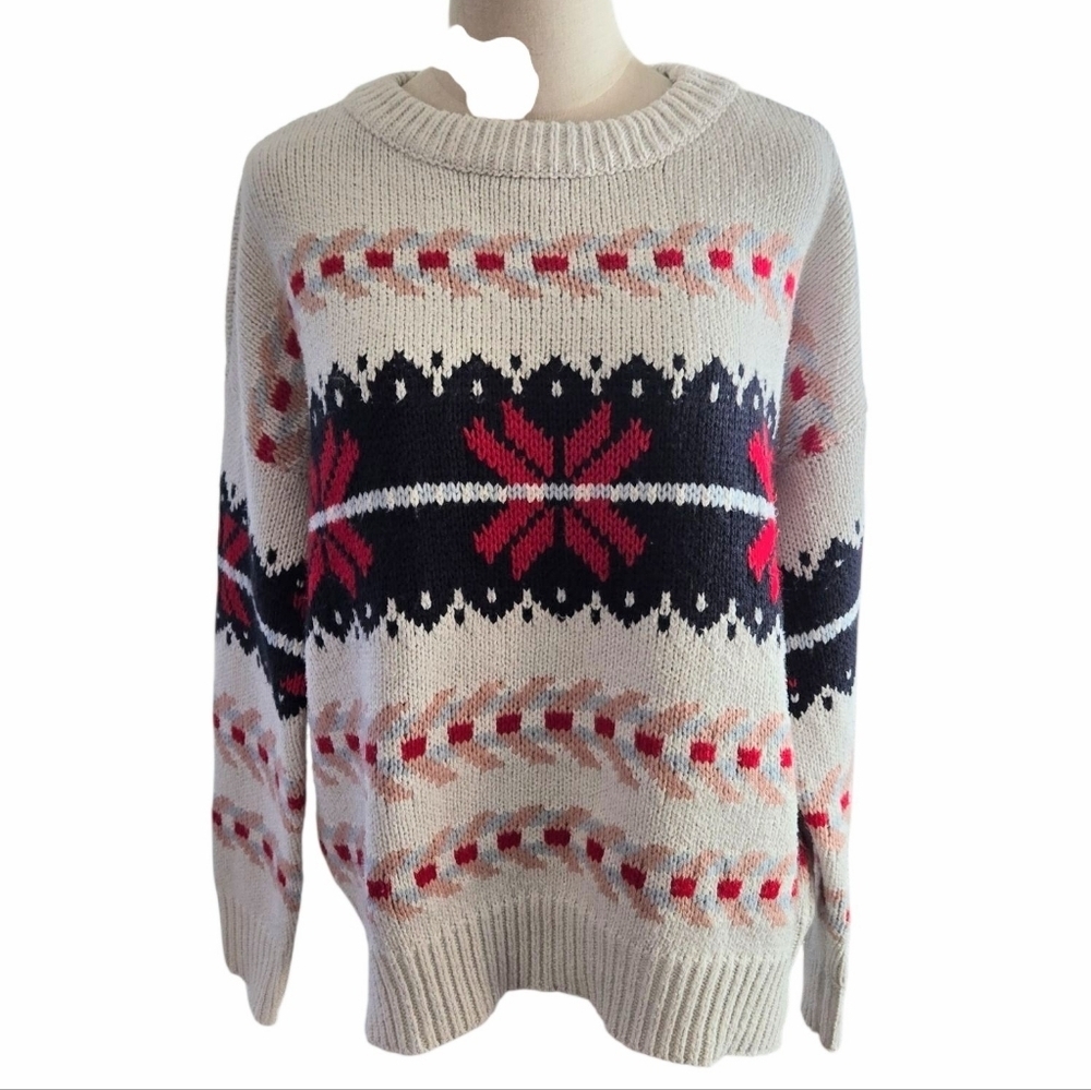 Mia And Tess White And Red Patterned Oversized Ski Sweater